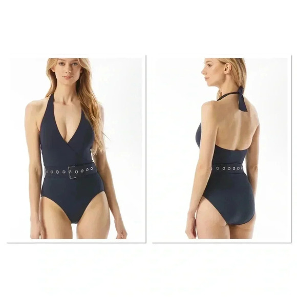 MICHAEL Michael Kors Surplice Halter One Piece Swimsuit Size 4 Navy - Picture 1 of 9